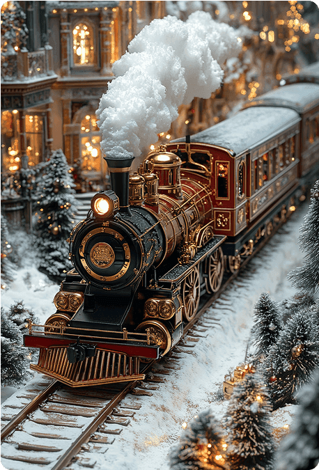 A beautifully detailed model train traveling through a snowy landscape adorned with festive decorations and lights.