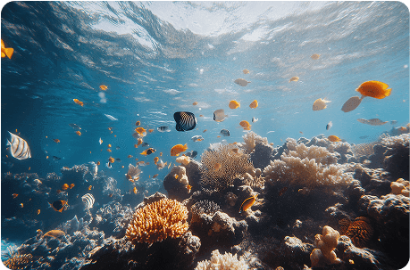 a vibrant underwater scene with colorful fish swimming around coral reefs.