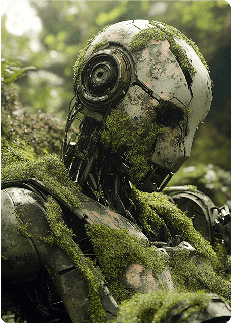 a moss-covered humanoid robot resting in a lush green forest environment.