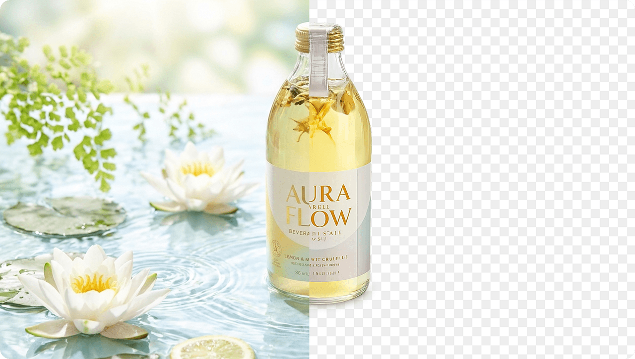 Before and after AI background remover result showing a product photo cut out onto a transparent checkerboard