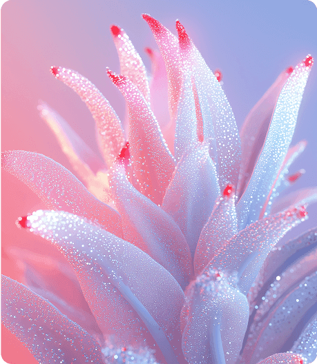 A close-up of a vibrant textured plant with glossy sparkling surfaces and a gradient background.