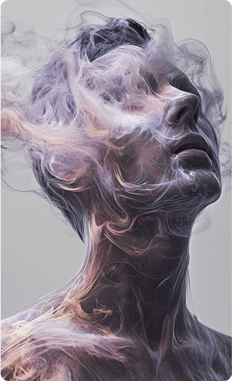 a figure surrounded by colorful  swirling smoke creating an ethereal and surreal appearance.
