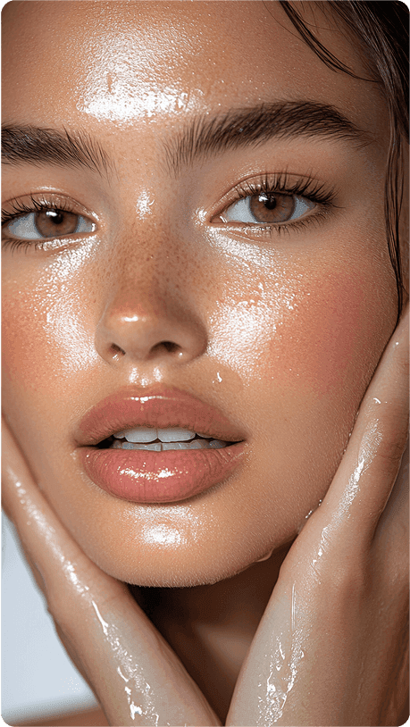 A person with glowing skin holding their face