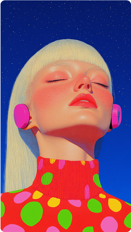 A stylized figure with blonde hair wearing headphones and a colorful polka dot sweater