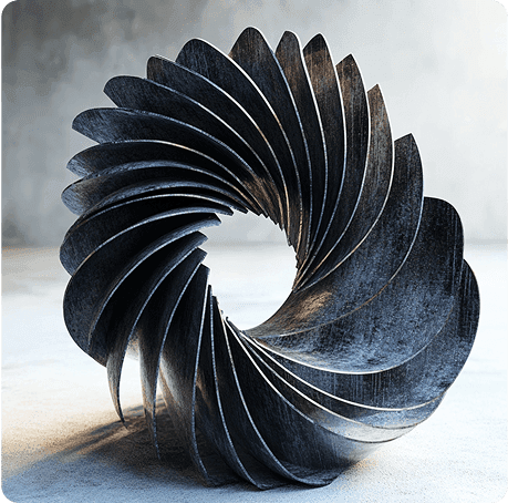 A spiral sculpture composed of metallic layers creating a dynamic flowing form with an interplay of light and shadow.
