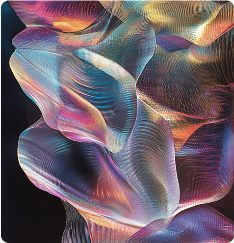 Abstract composition of colorful flowing patterns reminiscent of waves or fabric in motion.