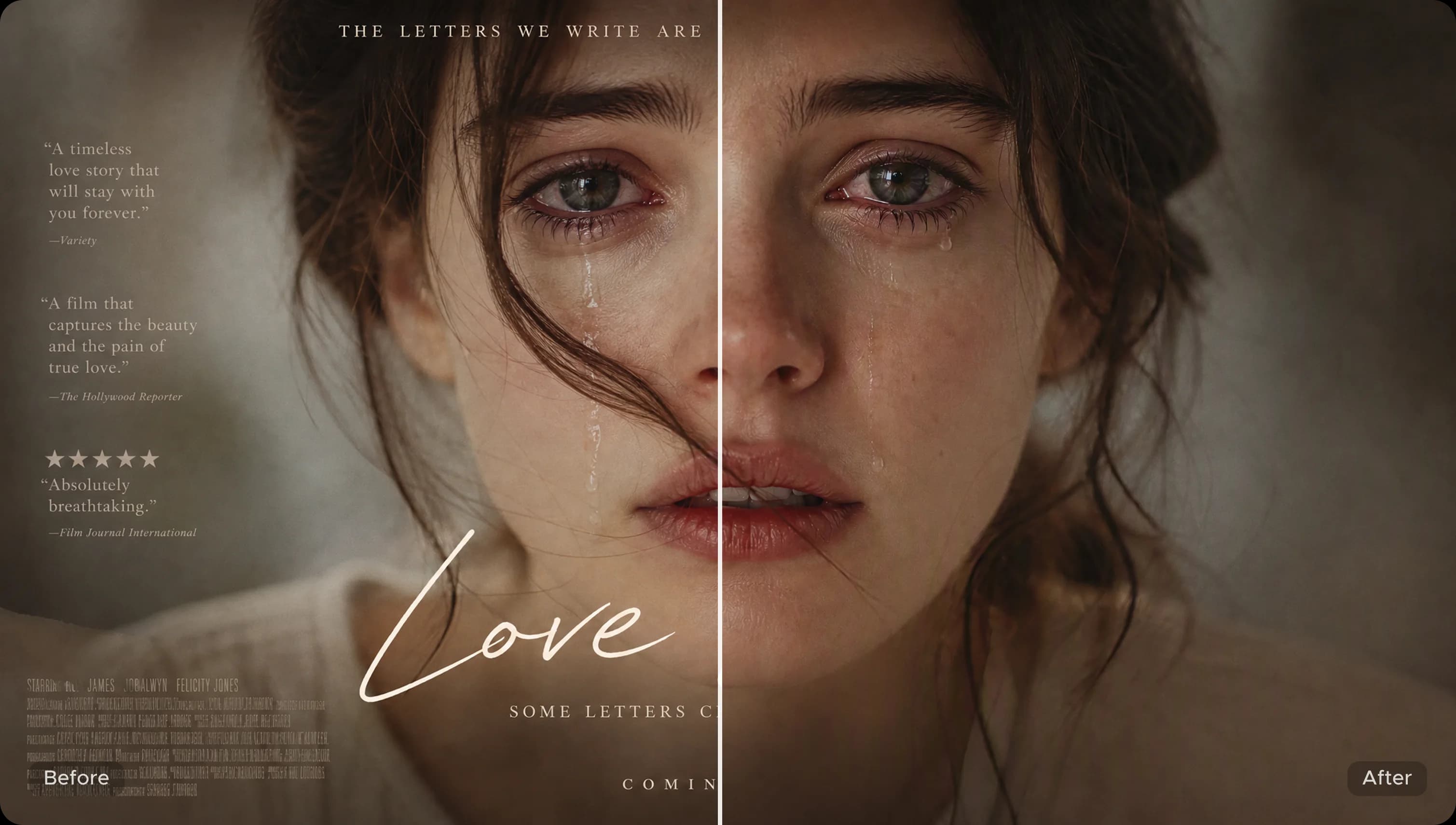 Before and after removing text from an image with Morph Studio