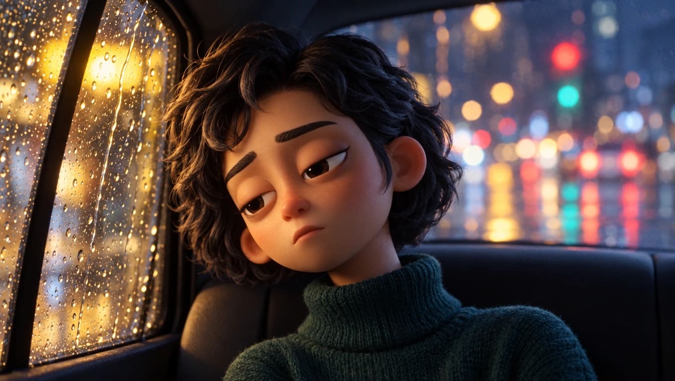 An animated woman beside a rain-covered window at night