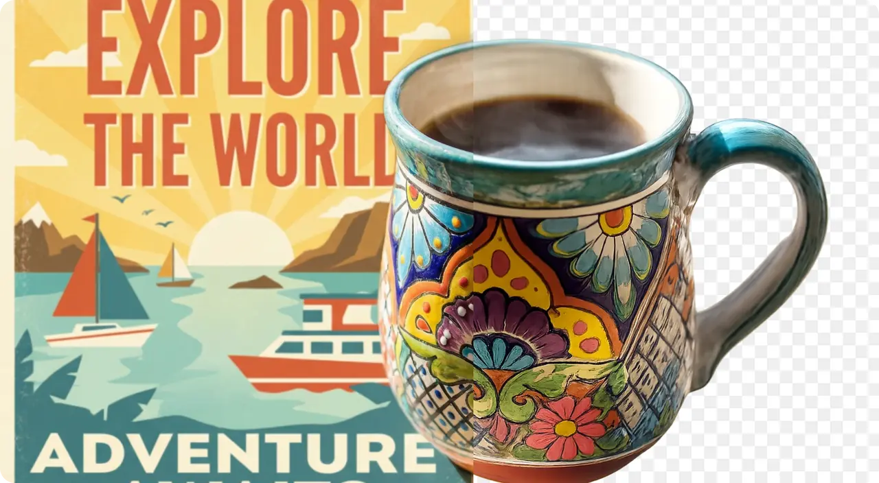 Before and after AI background removal for a colorful mug product photo