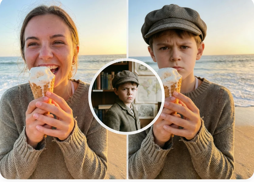 Video face swap comparison featuring a beach portrait