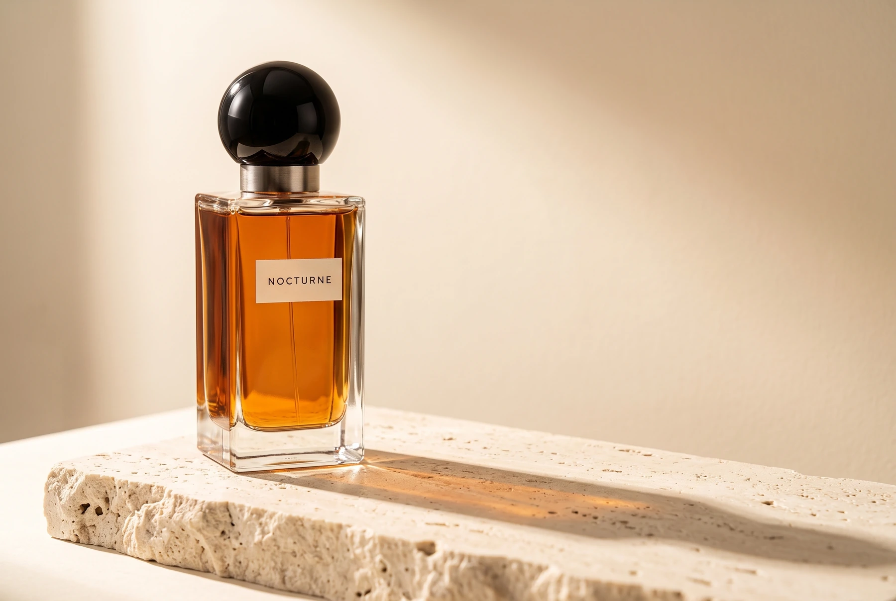 Nano Banana 2.1 result: an amber Nocturne perfume bottle with a black spherical cap on pale travertine, with warm daylight and open space on the right