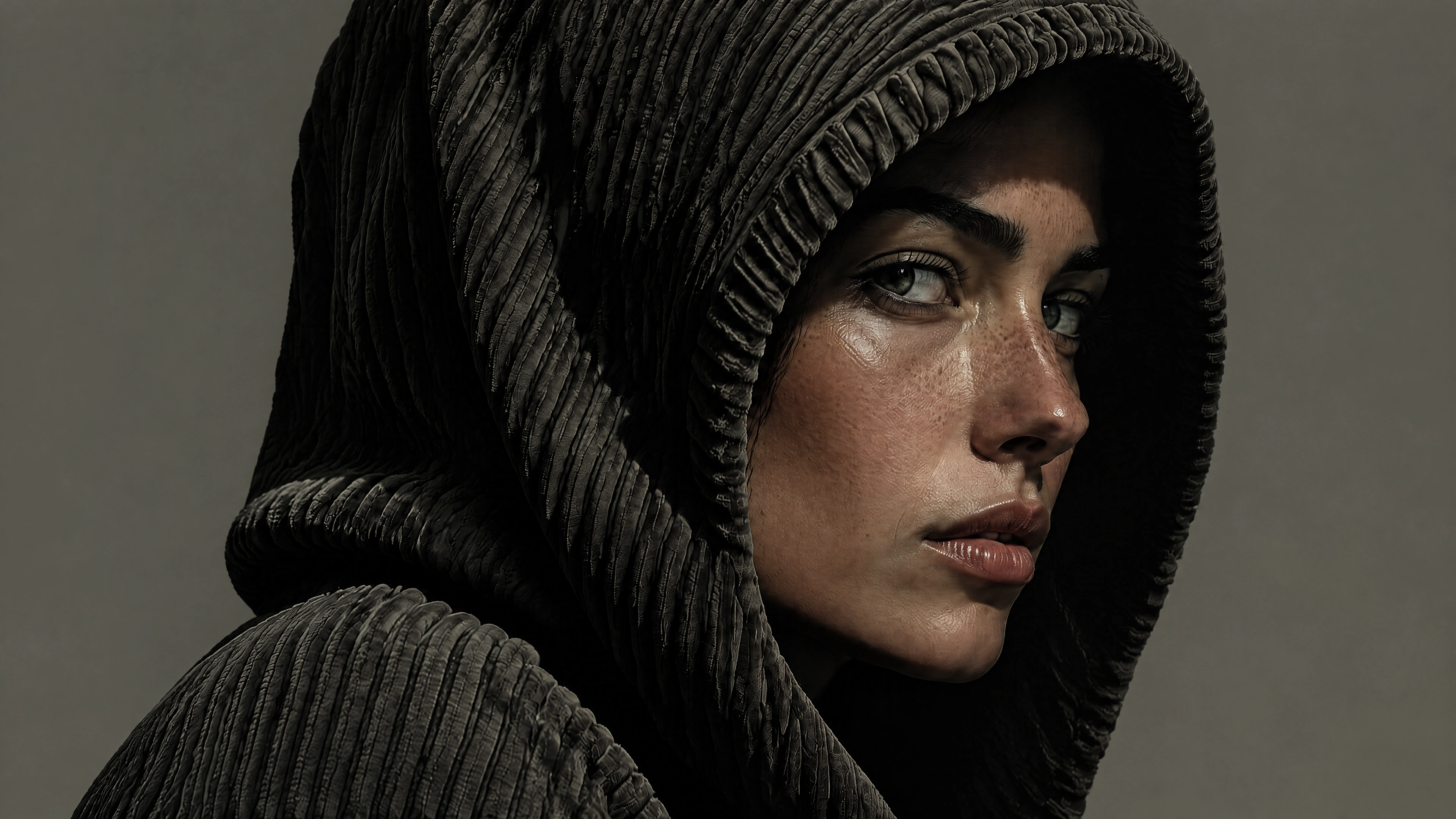 A close-up portrait of a woman wearing a dark hood